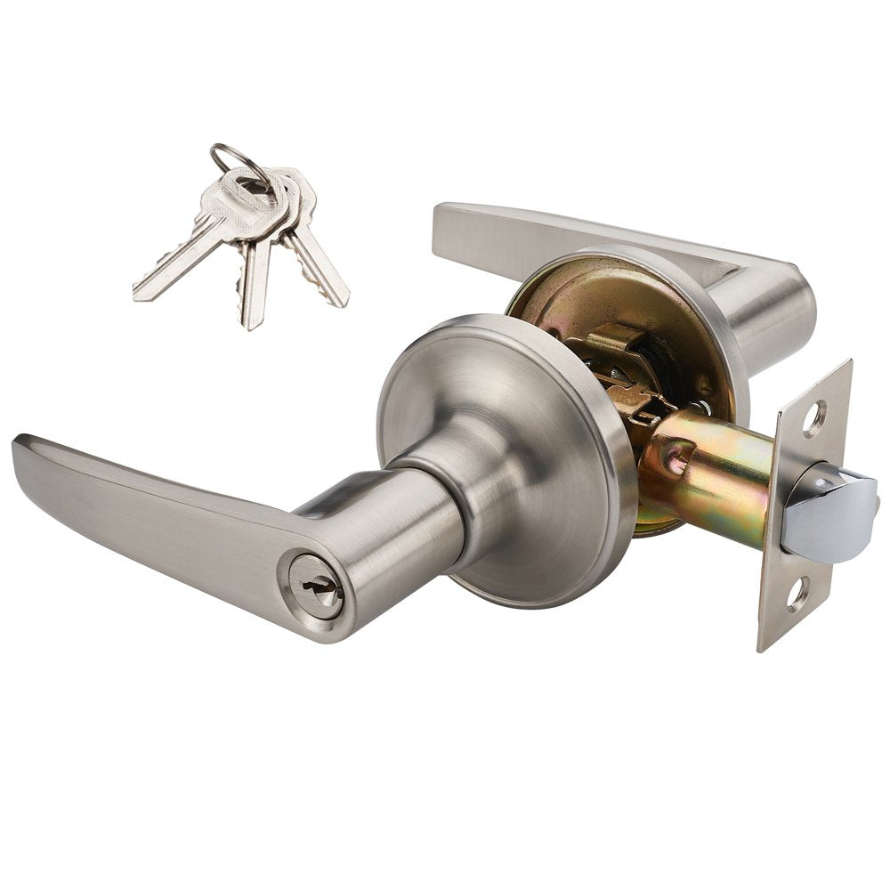 1 Pack of MANREN Lever Keyed Entry Door Lever Handle Lock, Universal Door Knob Hardware,Nickel Brushed Color (MR802-CA)