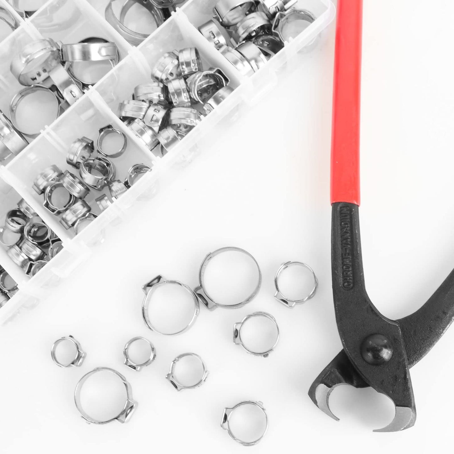 304 Stainless Steel Single Ear Hose Clamps - BeiLan 115Pcs 6-28.6mm Stepless Hose Clamps with Ear Clamp Pincer Cinch Rings Crimp Hoses Clamps Assortment Kit for Water Pipe Plumbing and Automotive Use