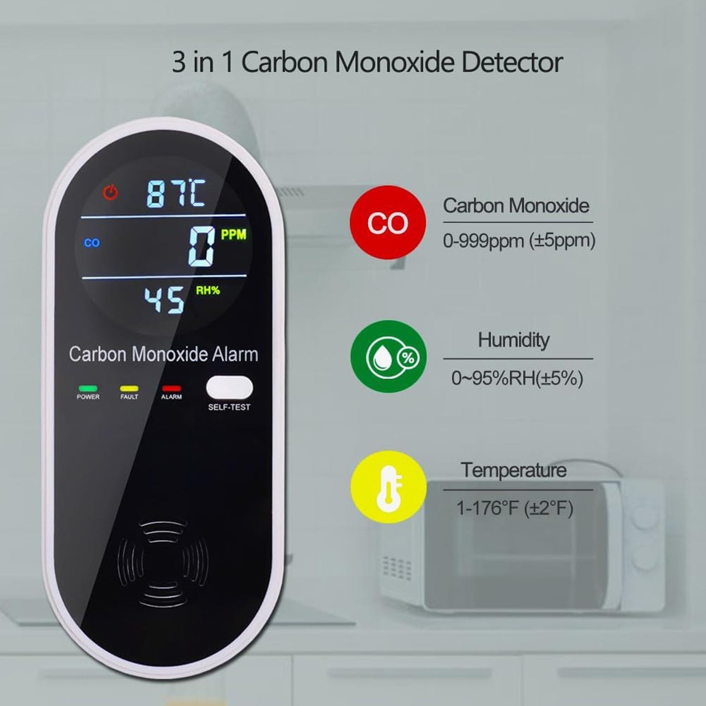 3-in-1 Carbon Monoxide Detector, Carbon Monoxide Detector Plug in Wall with Temperature & Humidity Display, CO Alarm Monitor with Color LCD Display, Accurate & Easy to Install