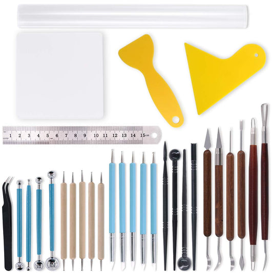 Swpeet 30Pcs Modeling Clay Sculpting Tools Kits, Ball Stylus Tool Handle Double-Sided Set Dual-End Dotting Tools Plastic Ball Rod Stylus Modeling Tools, Clay Roller, Clay Scarpe