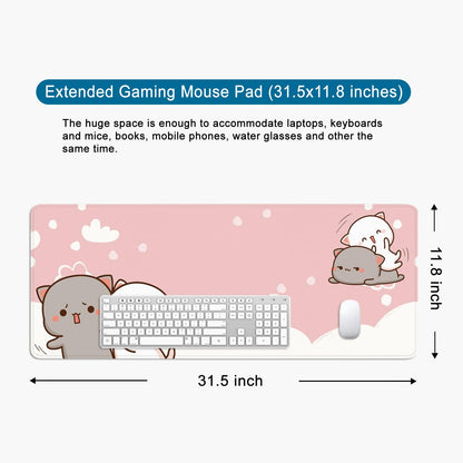 Pink Mouse Pad Cute Cat Large Gaming Mouse Pad Kawaii Keyboard Pad XL Desk Mat 31.5x11.8 inch Large Desk Pad Mouse Mat Pink Office Desk Accessories (Pink Cat -2)