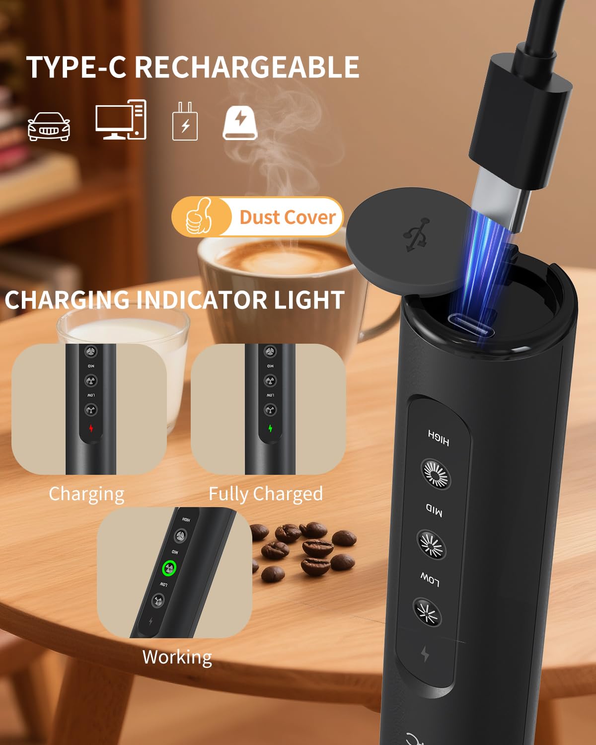 CIRCLE JOY Electric Milk Frother with 3 Variable Speeds, 3 Whisks and Storage Box, Rechargeable Handheld Coffee Frother Drink Mixer Foam Maker for Latte, Cappuccino, Hot Chocolate, Protein Powder
