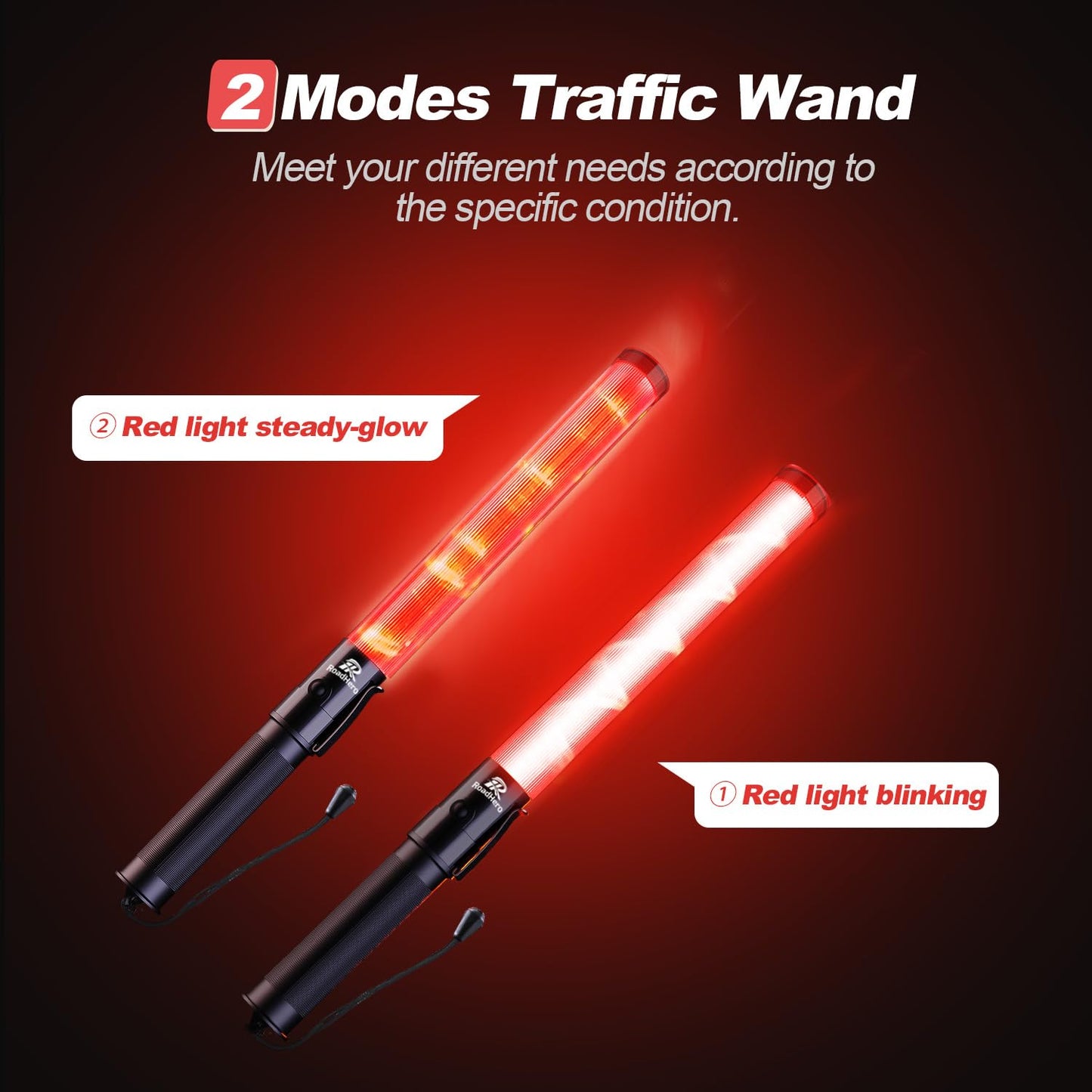 RoadHero 2 Pack Traffic Wand, 16 Inch Led Traffic Control Baton, Safety Light Wands with 2 Flashing Modes, Air Marshaling Signal Wand with Side Clip for Airport, Parking, Car Directing