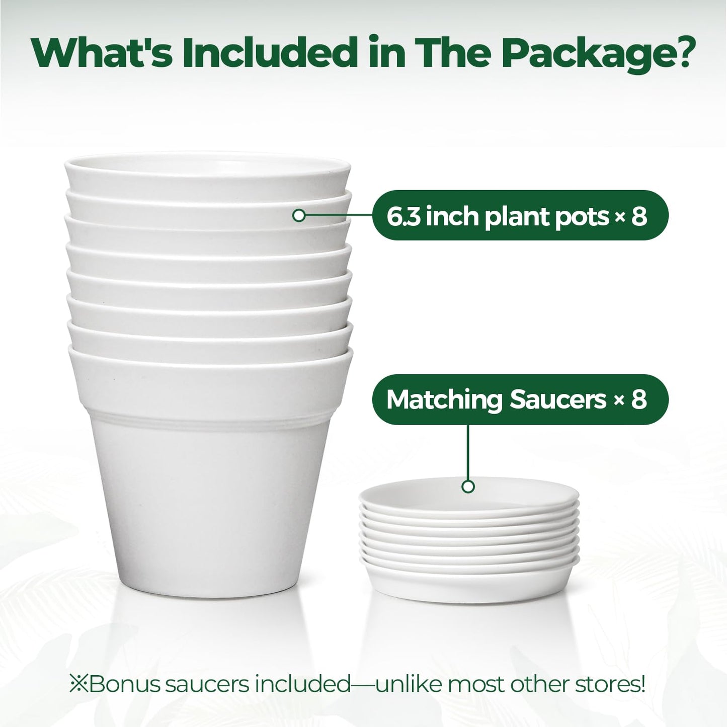 T4U 6.3 Inch Plant Pots 8 Pack, Planters with Drainage and Saucers for Gardening Enthusiasts, Indoor Outdoor Patio Decor for Snake Plants, Herbs, Aloe and Ivy(White)