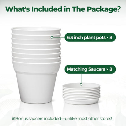 T4U 6.3 Inch Plant Pots 8 Pack, Planters with Drainage and Saucers for Gardening Enthusiasts, Indoor Outdoor Patio Decor for Snake Plants, Herbs, Aloe and Ivy(White)
