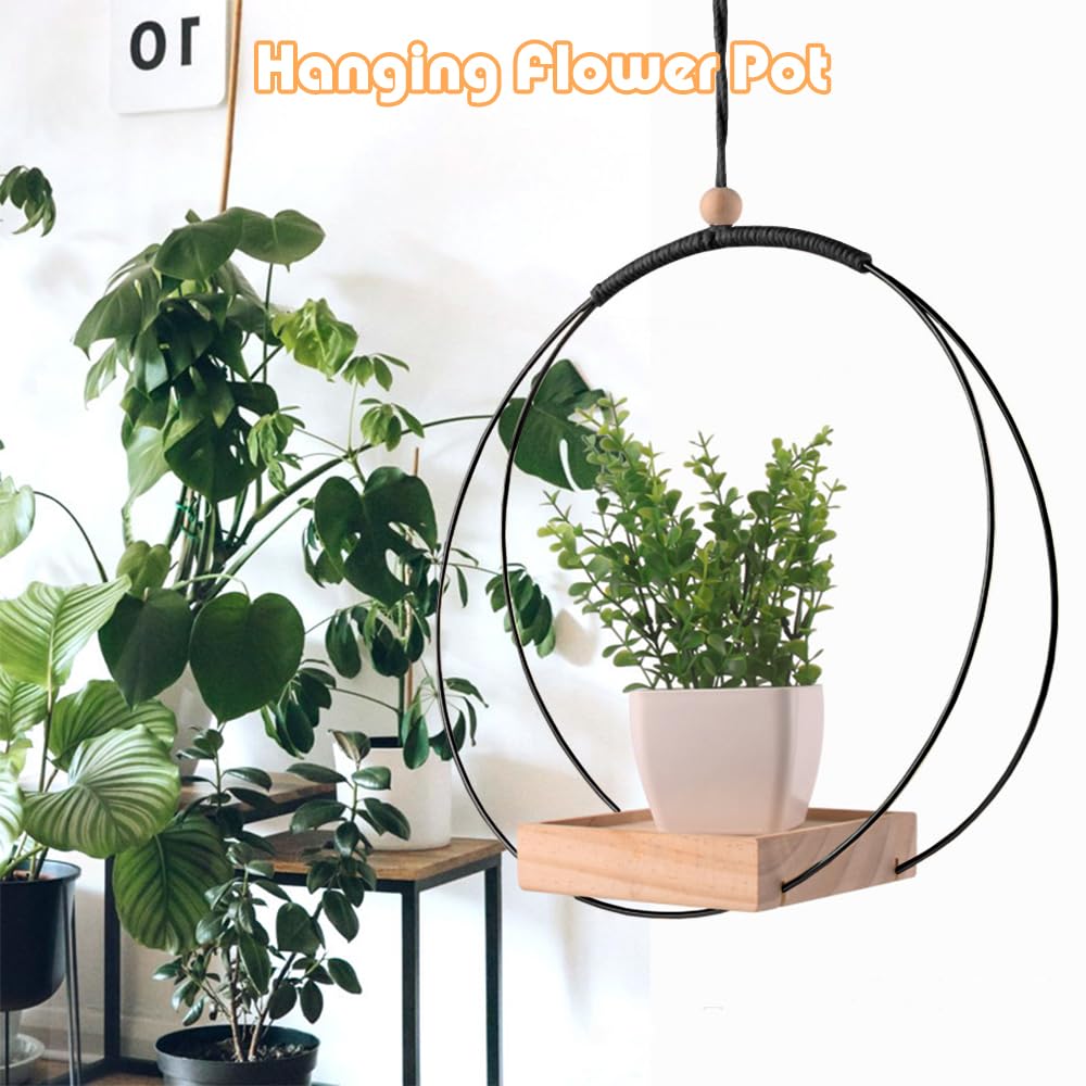Benustra 2 Pack Hanging Planters for Indoor Plants,Hanging Plant Shelf with Wooden Base & Ceiling Hooks,Wall Ceiling Planter Display Shelf for Home Garden Patio Office Indoor Outdoor(Black)