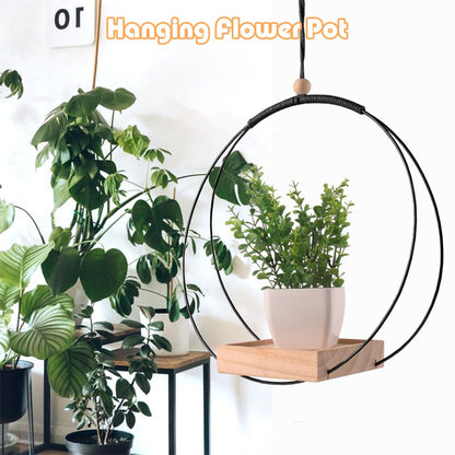 Benustra 2 Pack Hanging Planters for Indoor Plants,Hanging Plant Shelf with Wooden Base & Ceiling Hooks,Wall Ceiling Planter Display Shelf for Home Garden Patio Office Indoor Outdoor(Black)