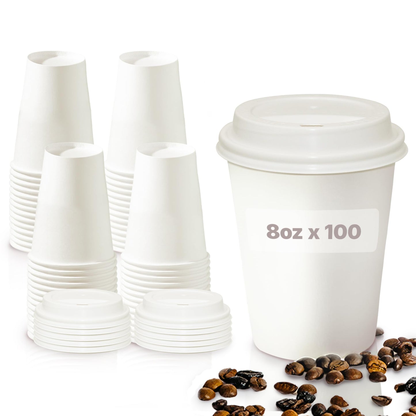 8oz Disposable Coffee Cups with Lids – Set of 100 Disposable Cups for Hot and Cold Drinks – White Paper Cups with Lids for Thermal Protection – 100 Units, 8oz Each