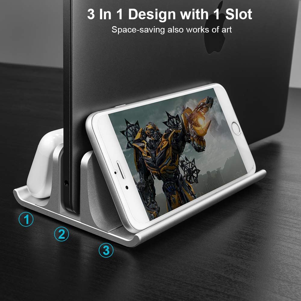 VAYDEER Vertical Laptop Stand Holder Adjustable Desktop Notebook Dock Space-Saving Three-in-one for All MacBook Pro Air, Mac,HP, Dell, Microsoft Surface,Lenovo, up to 17.3 inch Silver