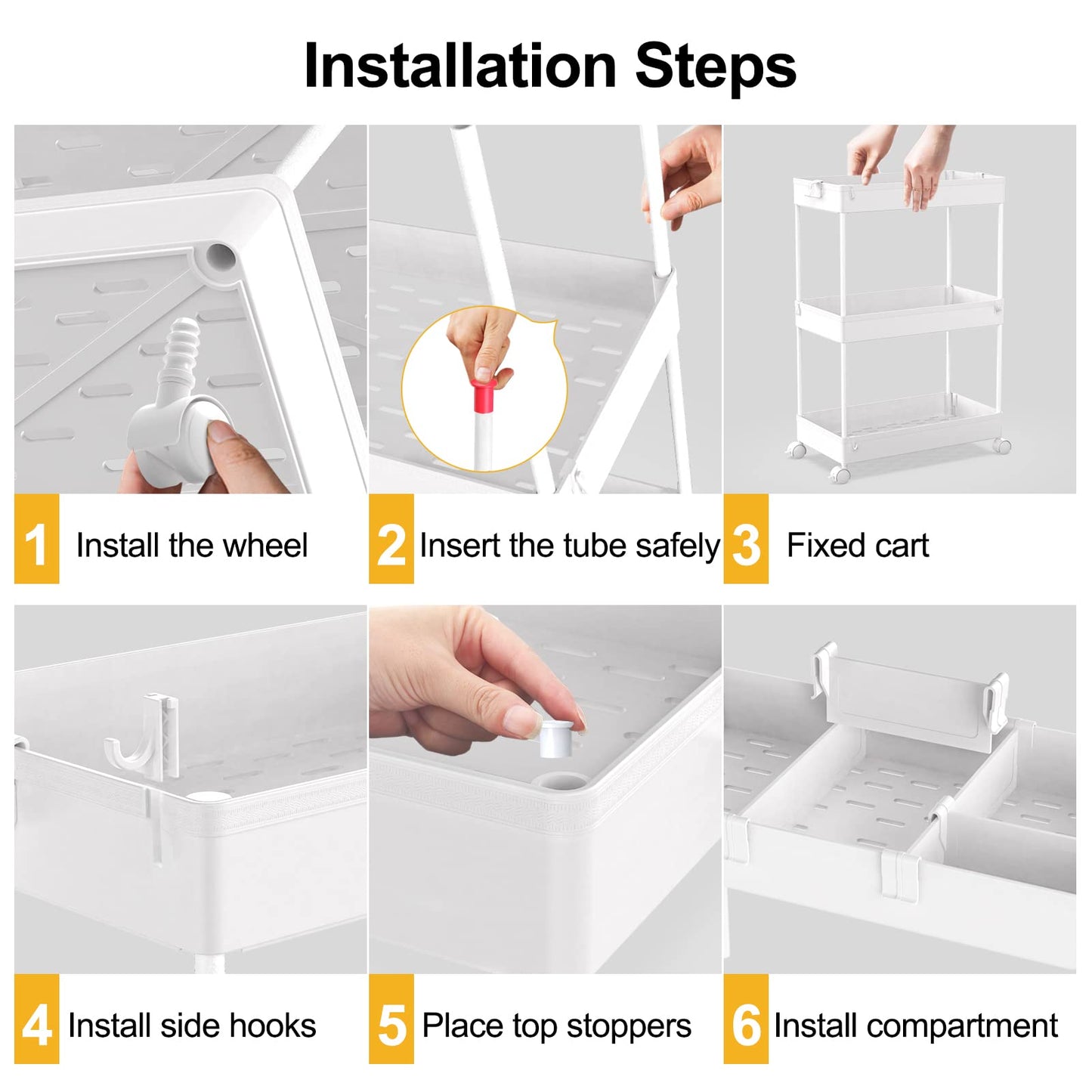 SPACELEAD 3 Tier Rolling Cart with Wheels, Storage Craft Art Cart Trolley Organizer Serving Cart, 3 Hanging Baskets Easy Assembly, for Office, Living Room, Kitchen, White