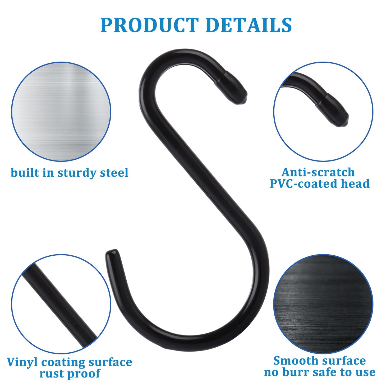 Acrux7 24 Pack 6 Inch S Hooks, Heavy Duty Large S Hook, Black Vinyl Coated Non Slip Metal Large S-Hooks for Hanging Plants, Pots, Garden, Garage, Jeans Hangers