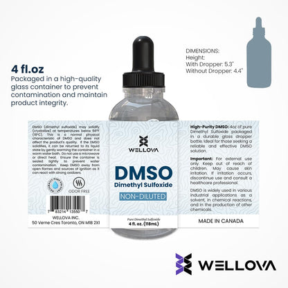Wellova DMSO 99.9% Pharmaceutical Grade with 99.9% Purity & Low Odor - 4oz (Dimethyl Sulfoxide) Clear Glass Bottle with Dropper