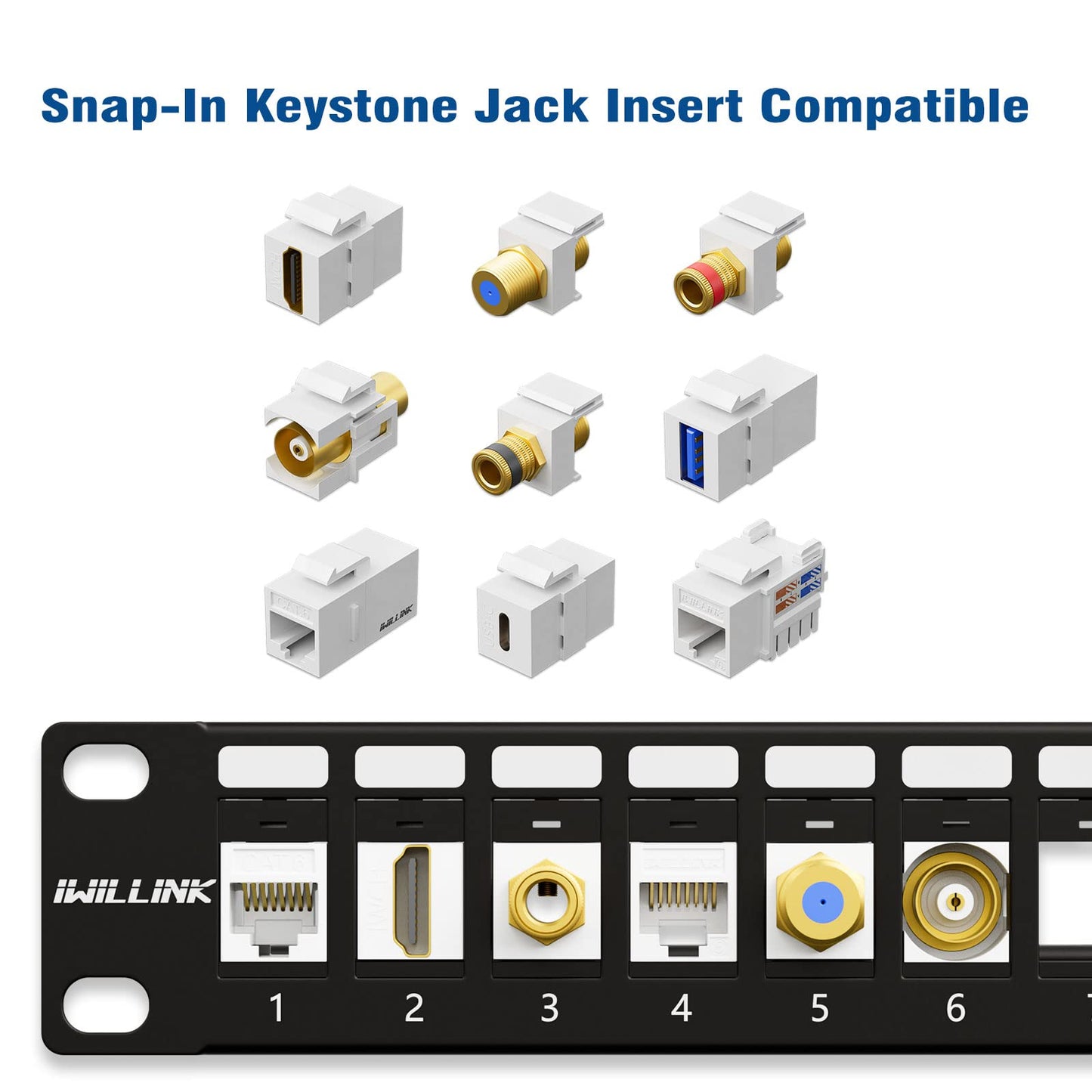 Iwillink 24 Port Blank Keystone Patch Panel with (12-Pack) Blank Keystone Jack Inserts - 1U 19" Metal Rackmount or Wallmount Housing for Keystone Jacks/Keystone Panel