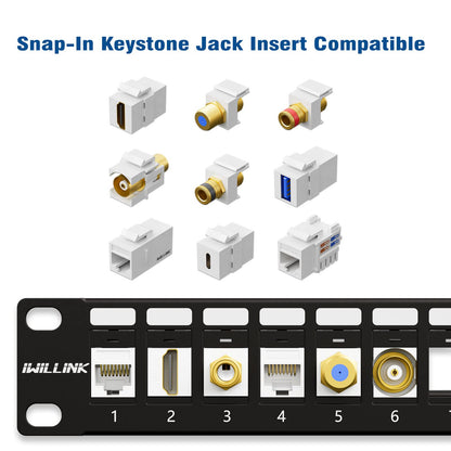 Iwillink 24 Port Blank Keystone Patch Panel with (12-Pack) Blank Keystone Jack Inserts - 1U 19" Metal Rackmount or Wallmount Housing for Keystone Jacks/Keystone Panel