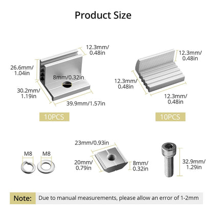 Anbte 10PCS Solar Panel End Clamp, 30-50mm Adjustable, Z Brackets for Solar Panels Include 10 Screws M8, Aluminum Rail End Clamps for Solar Panel PV Mounting System (Silver)