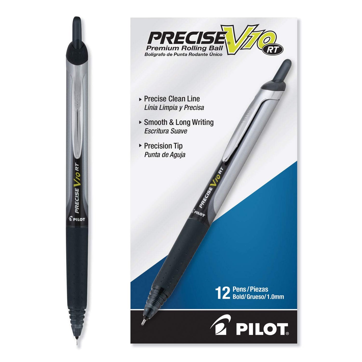 Pilot, Precise V10 RT Refillable & Retractable Rolling Ball Pens, Bold Point 1 mm, Blue, Pack of 12