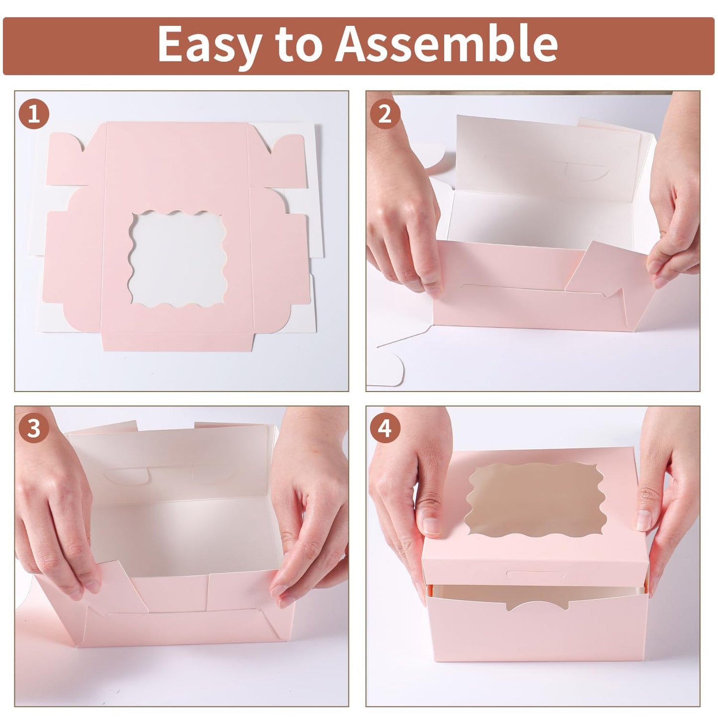 PFAMKEER 36 pcs 6x6x3 Inches Small Cake Box with Window, Bakery Pastry Cookie Boxes, Mini Pie for Pastry,Dessert,Strawberries,Chocolates, Cupcakes with paper stickers (Pink)