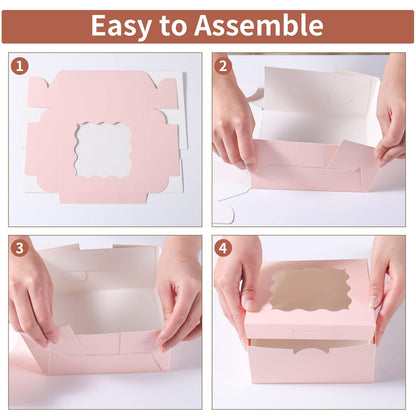 PFAMKEER 36 pcs 6x6x3 Inches Small Cake Box with Window, Bakery Pastry Cookie Boxes, Mini Pie for Pastry,Dessert,Strawberries,Chocolates, Cupcakes with paper stickers (Pink)