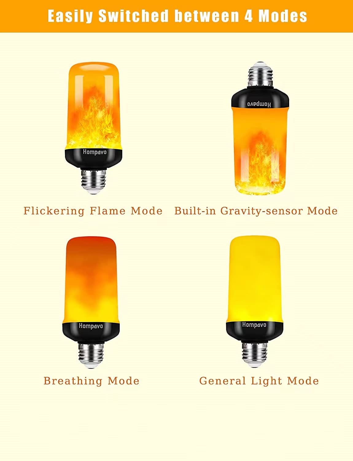 【Upgraded】 Hompavo LED Flame Light Bulb, 4 Modes Flickering Light Bulbs with Upside Down Effect, E26/E27 Base Flame Bulb for Halloween, Christmas, Party, Indoor and Outdoor Home Decoration (2 Pack)