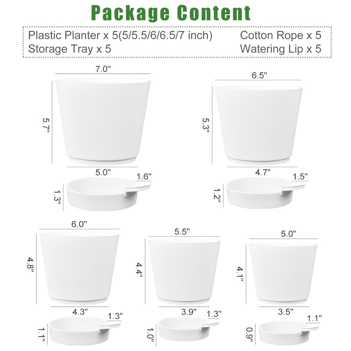 Tsxcnaa Self Watering Pots for Indoor Plants, 5 Packs 7/6.5/6/5.5/5 Inch Self Watering Pots with Drainage Hole and Removable Reservoir Saucers, Plastic Flower Pot (White)