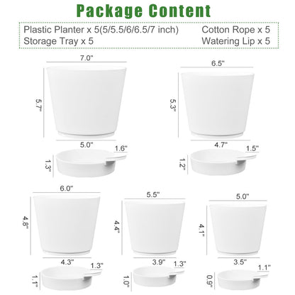 Tsxcnaa Self Watering Pots for Indoor Plants, 5 Packs 7/6.5/6/5.5/5 Inch Self Watering Pots with Drainage Hole and Removable Reservoir Saucers, Plastic Flower Pot (White)