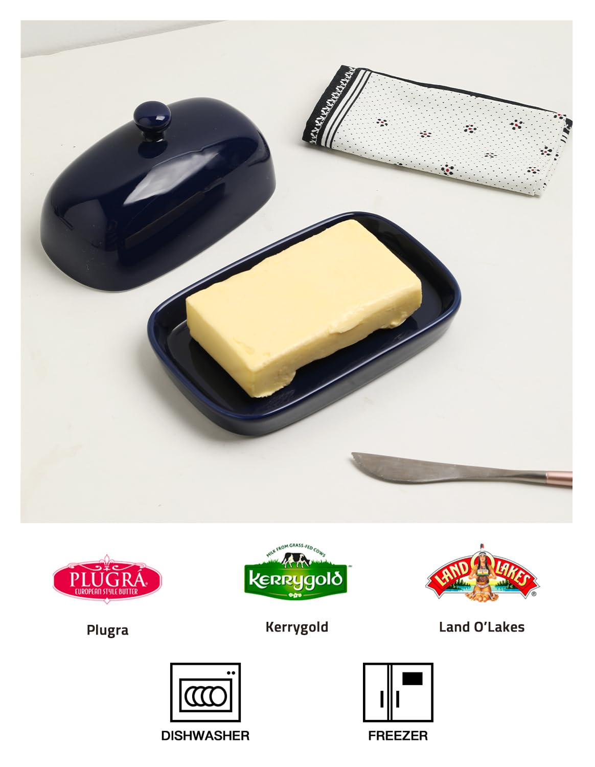 SWEEJAR Ceramics Butter Dish with Lid, Butter Keeper Container, East/West Coast Butter, 7 inches (Navy)