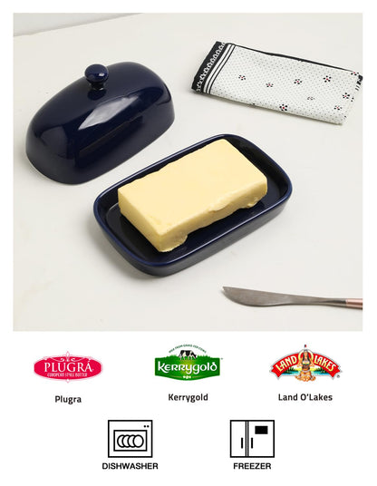 SWEEJAR Ceramics Butter Dish with Lid, Butter Keeper Container, East/West Coast Butter, 7 inches (Navy)