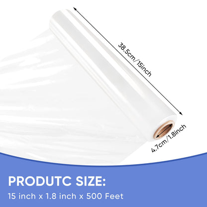 15 Inch Stretch Wrap - 500 Feet | 60 Gauge, 1 Roll Clear Plastic Wrap for Moving Self-adhering, Thick and Sturdy Packing Moving Supplies Heavy Duty Shrink Film