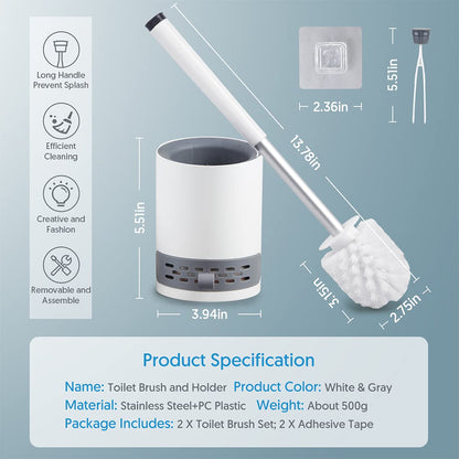 Domi-patrol Toilet Brush and Holder Set 2 Pack, White, Hard Bristle Nylon Toilet Bowl Brushes with Stainless Steel Holder