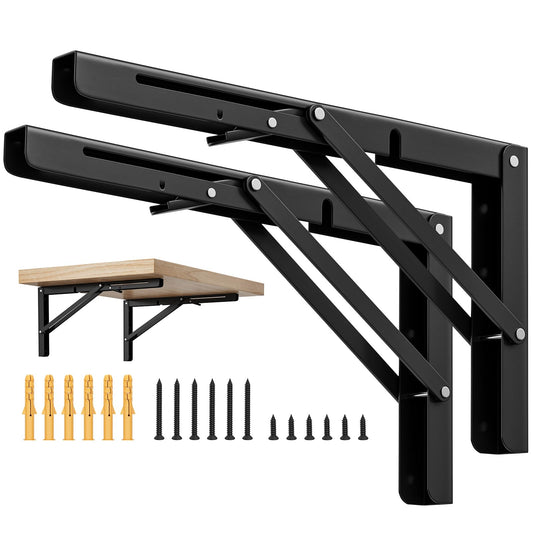 Cudebo 16 Inch Folding Shelf Brackets, Heavy Duty Shelf Brackets for Work Bench, Wall Desk, Support Tablette, Space Saving DIY Bracket, Max Load 220LB/100KG, Pack of 2, with Screws