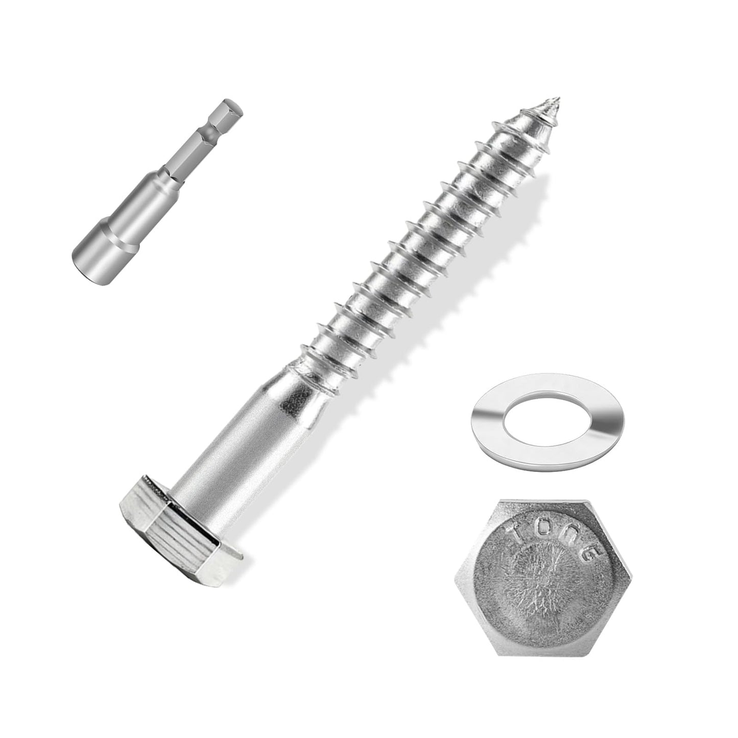 ANCHOREASE 1/4″×3″ Hex Head Lag Screws (20 Sets), 304 Stainless Steel 18-8, Heavy Duty Lag Bolts Wood Screws, with Flat Washer, Containing 1 Hexagonal Socket Wrench