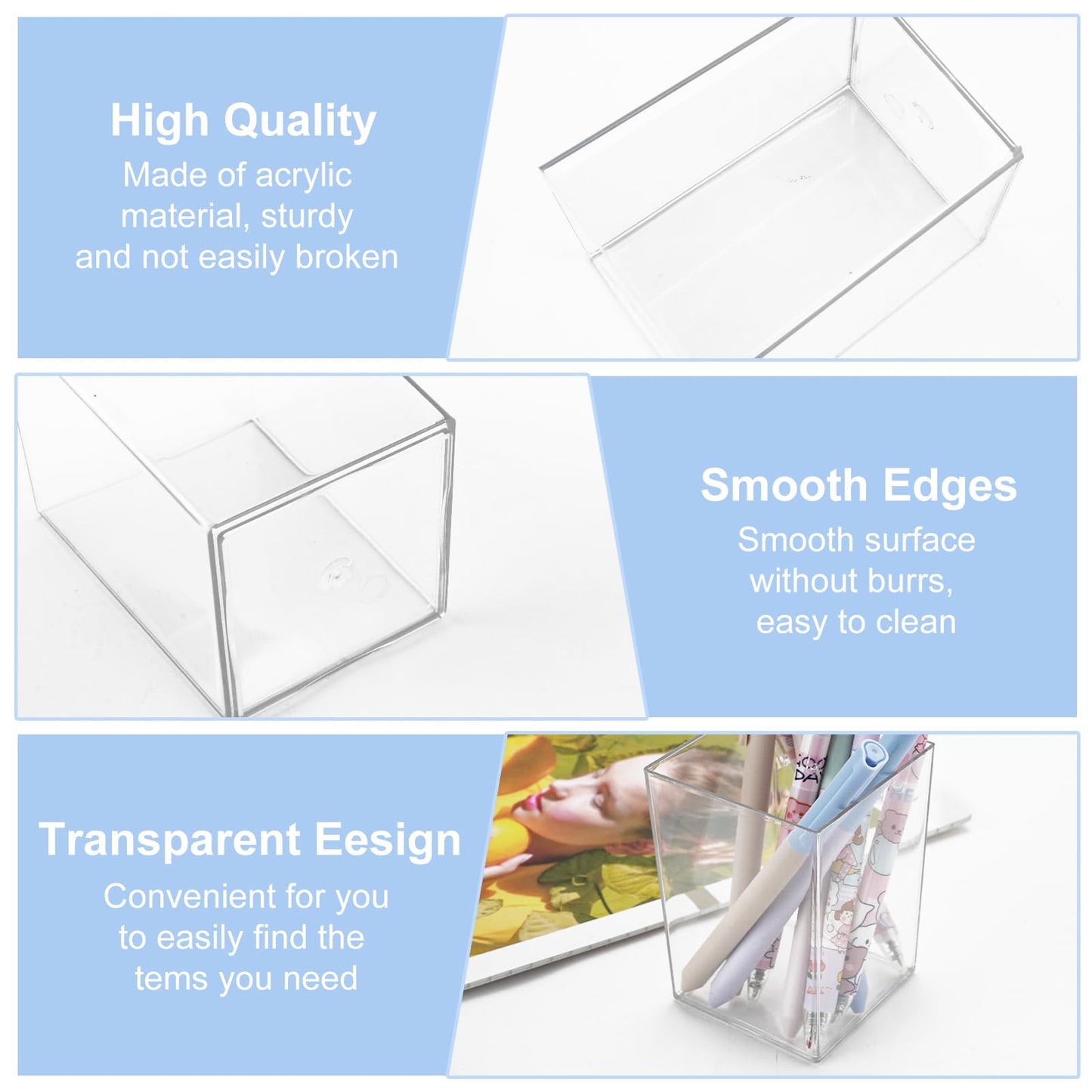 RUITENG 9 Pack Acrylic Pen Holder, Clear Pencil Organizer for Desk, Makeup Brush Storage, Small Desktop Bookmark Holders for Classroom, Home, Office Stationery (Square)