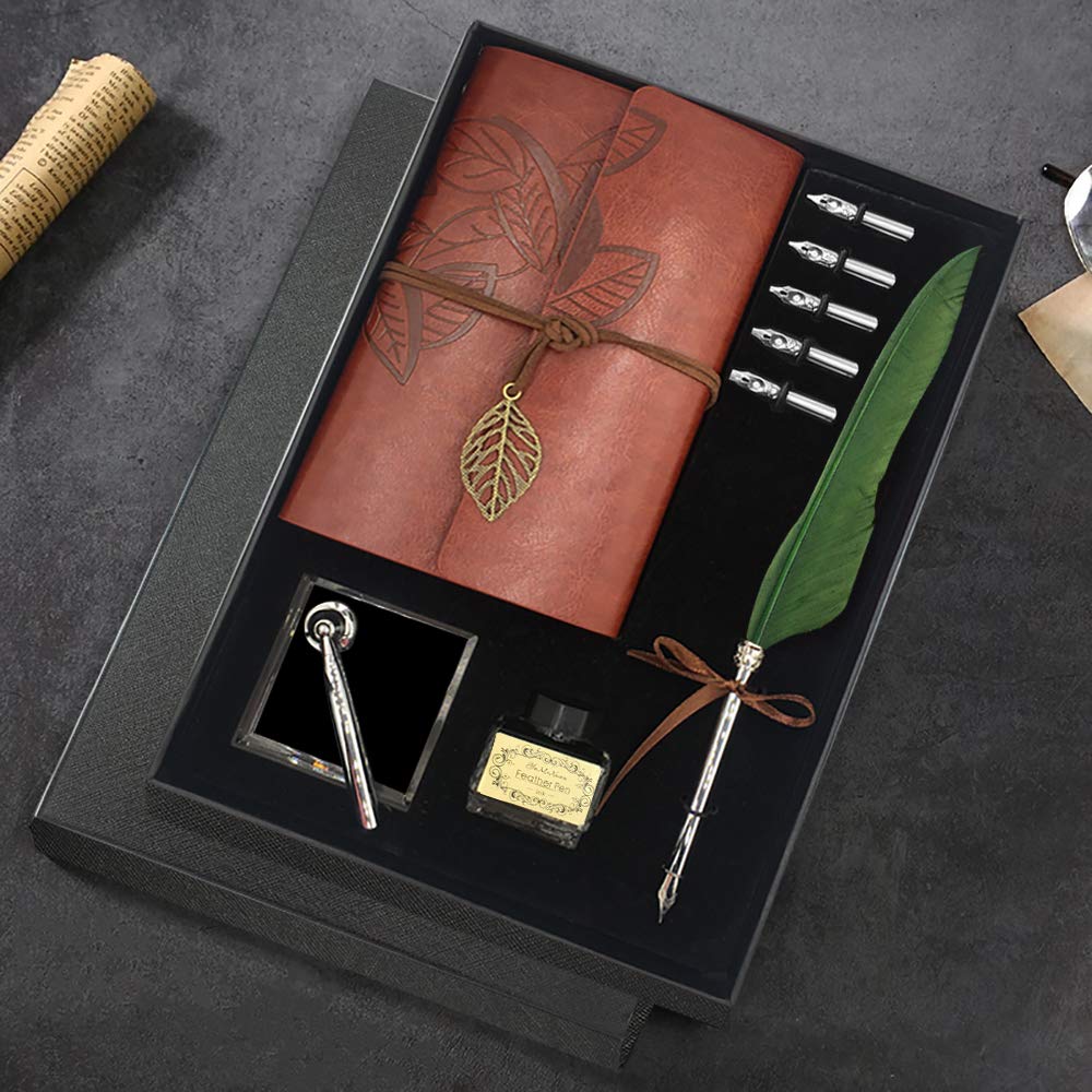 Quill Pen,Natural Handcrafted Calligraphy Pen Set, Antique Dip Luxury Feather Pen and Ink Set with Writing Pen, 5 Replacement Nibs, Pen Nib Base, Notebook, 1 Ink and Gift Box, Green