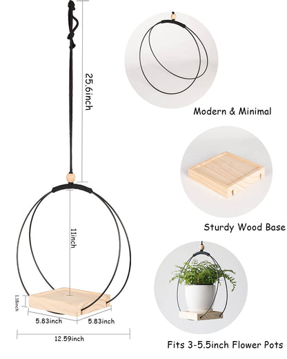 ABETREE Hanging Planter with Wood Base Modern Macrame Plant Hanger for Indoor Outdoor Wall Ceiling Window Boho Home Décor, Black(Planter/Plants Not Included)