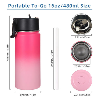 Volhoply 16 OZ Kids Water Bottle Bulk 2 Pack,Insulated Sports Bottles with Straw Lid,Stainless Steel Bottle with Handle Keep Cold & Hot,Double Wall Vacuum Cups for School(Assorted,Set of 2)