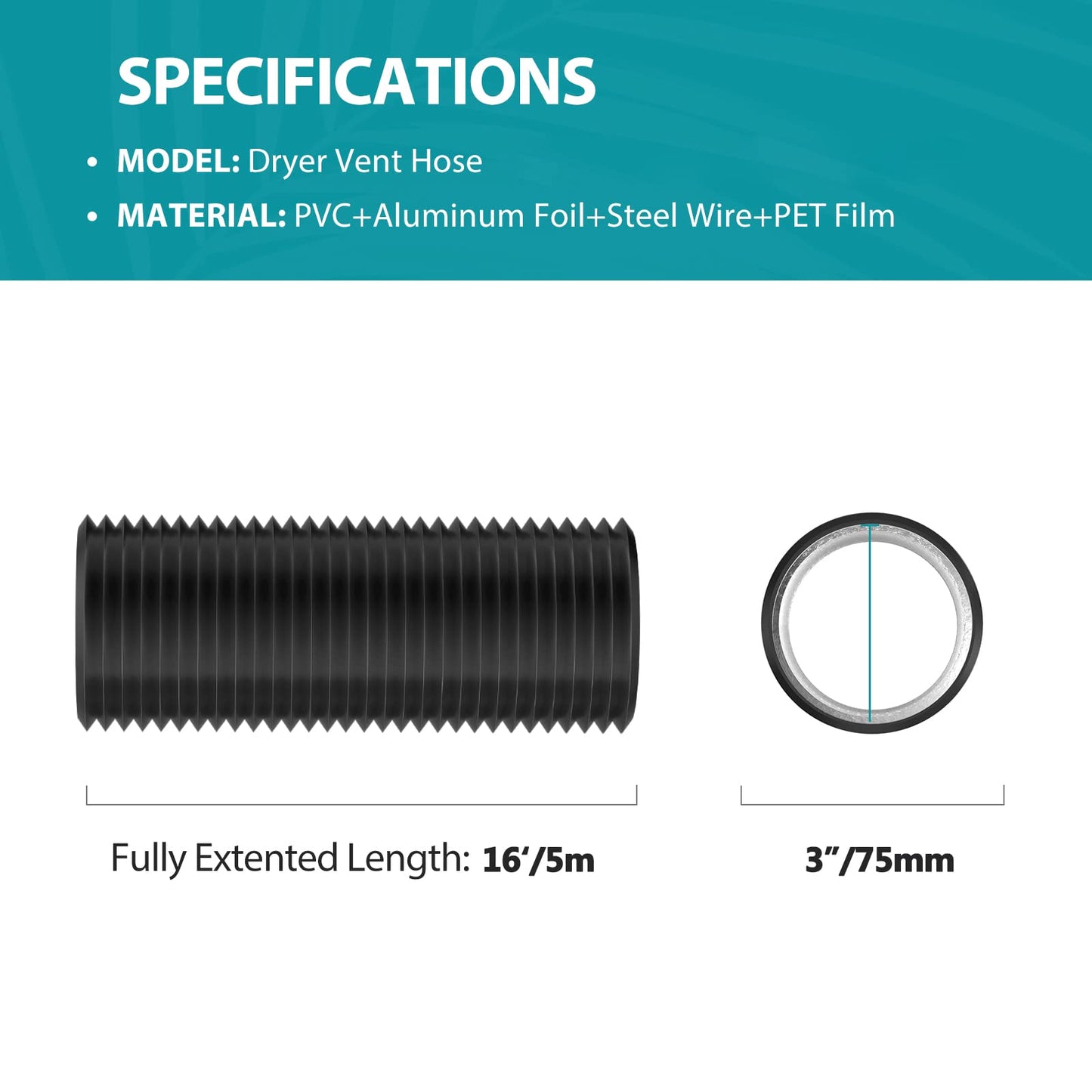 HG POWER 3 Inch 16Ft Dryer Vent Hose, PVC Silencer Duct Flexible Ducting Noise Reducer, Vent Hose for Inline Duct Fan (75mm-5M)