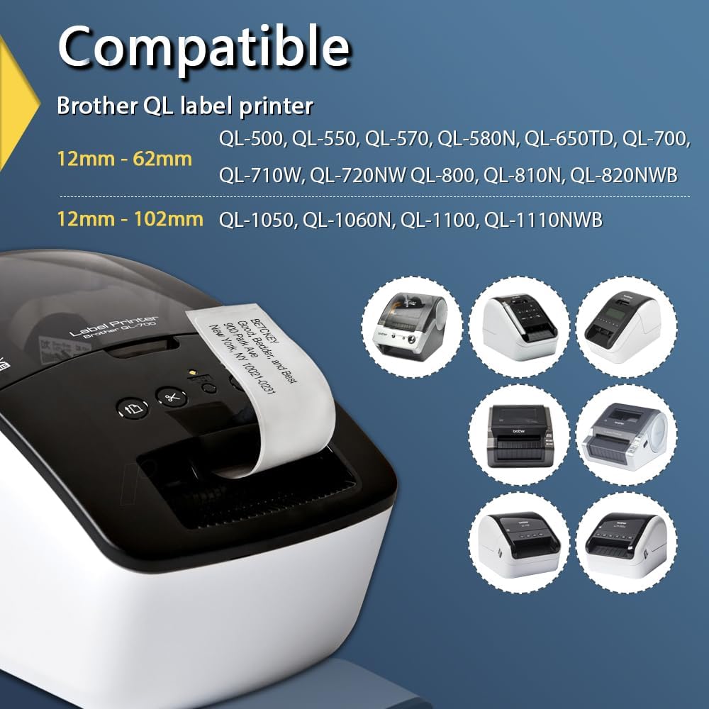 BETCKEY - Compatible Address Labels Replacement for Brother DK-1201 (1.1" x 3.5"), Use with Brother QL Label Printers [6 Rolls + 1 Reusable Cartridge]
