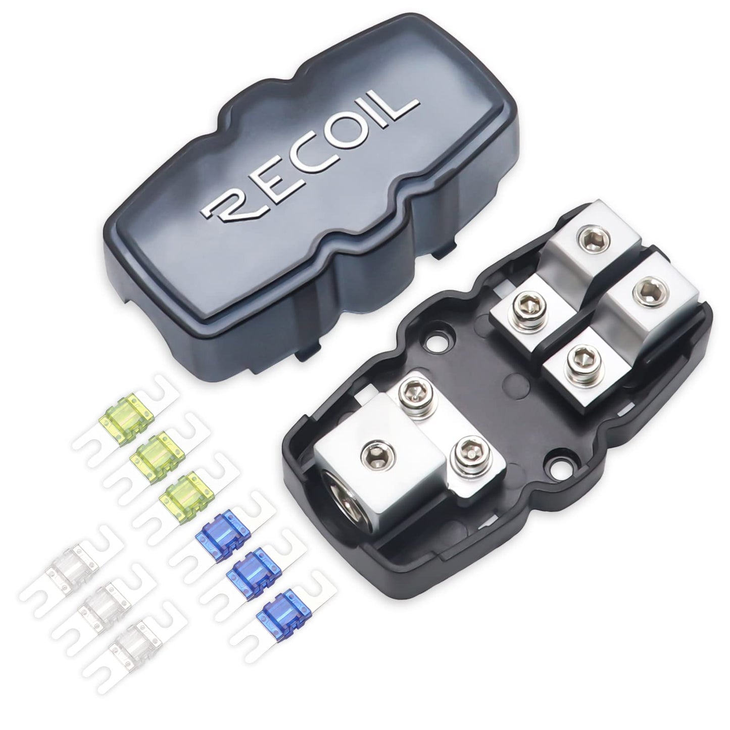 Recoil MFH12 2 Way Mini-ANL Fused Distribution Block, 1 X 0/2/4 Gauge in / 2 X 4/8 Gauge Out Fused Distribution Block with 60A, 80A, 100A Fuses, Solid Brass for Maximum Power Transfer