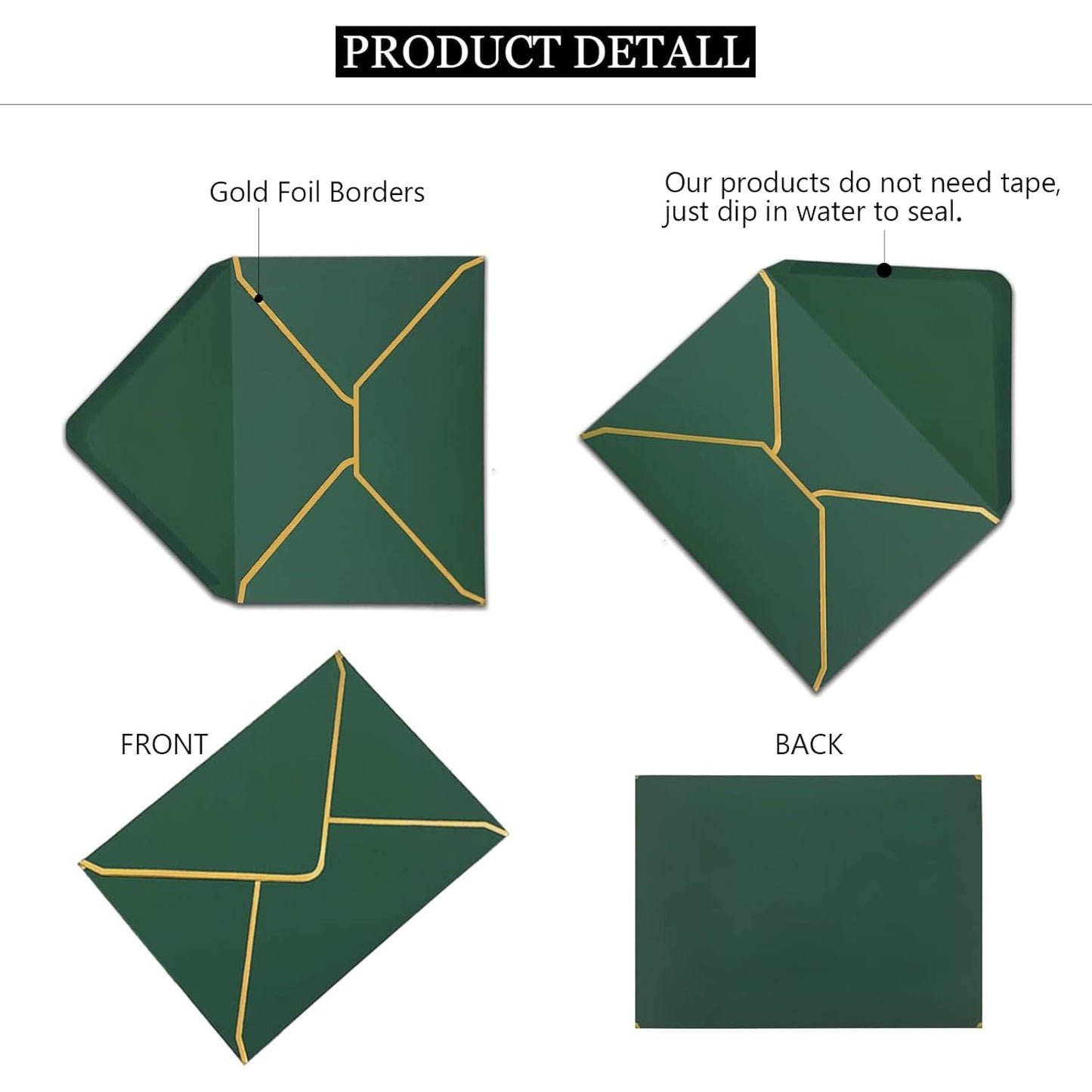 WEZCHUGHAOL 50 Pcs Invitation Envelopes, V-Flap Envelopes Mailing Card Envelopes, Quick Seal Envelopes with Gold Border for Birthday, Weddings, Graduations, Greeting Cards (Green, 5 x 7 inch)