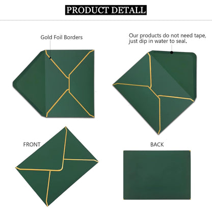 WEZCHUGHAOL 50 Pcs Invitation Envelopes, V-Flap Envelopes Mailing Card Envelopes, Quick Seal Envelopes with Gold Border for Birthday, Weddings, Graduations, Greeting Cards (Green, 5 x 7 inch)