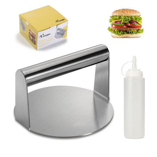 VOOWO Smash Burger Press - Stainless Steel Burger Smasher for Griddle with Squeeze Bottles, Hamburger Smasher Meat Press, Round Burger Patty Maker, Grill Press BBQ Tools Accessories Gift for Men