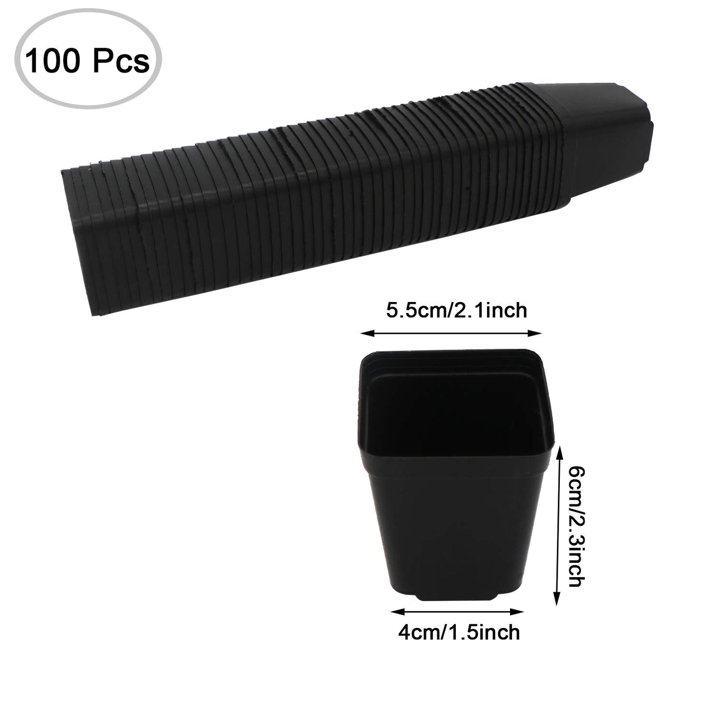2 Inch Plastic Nursery Pots 100 Pcs Sturdy & Reusable Square Plant Pot Starter Container with Drainage Holes for for Seed Starting, Succulents, Seedlings & Garden Plants, Black