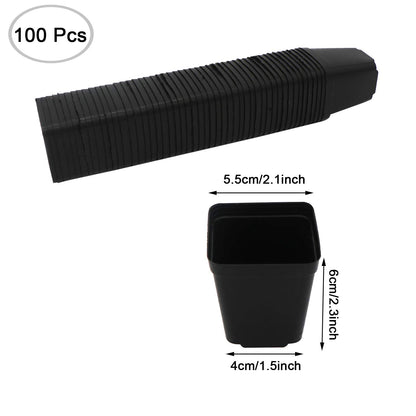 2 Inch Plastic Nursery Pots 100 Pcs Sturdy & Reusable Square Plant Pot Starter Container with Drainage Holes for for Seed Starting, Succulents, Seedlings & Garden Plants, Black