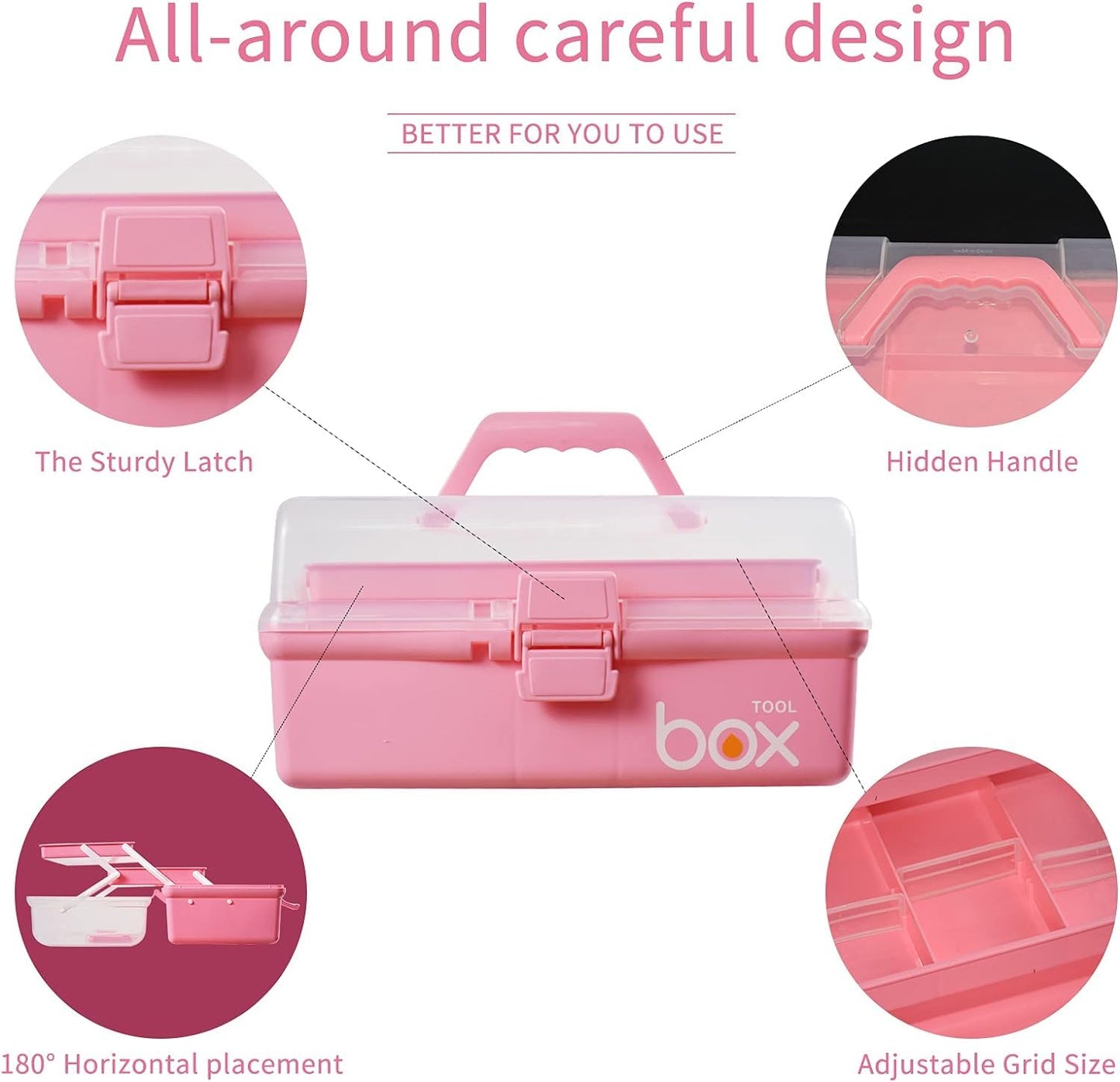 30cm Three-Layer Multipurpose Storage Box Organizer Folding Tool Box/Art & Crafts Case/Sewing Supplies Organizer/Medicine Box/Family First Aid Box with 2 Trays (Pink)