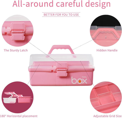 30cm Three-Layer Multipurpose Storage Box Organizer Folding Tool Box/Art & Crafts Case/Sewing Supplies Organizer/Medicine Box/Family First Aid Box with 2 Trays (Pink)
