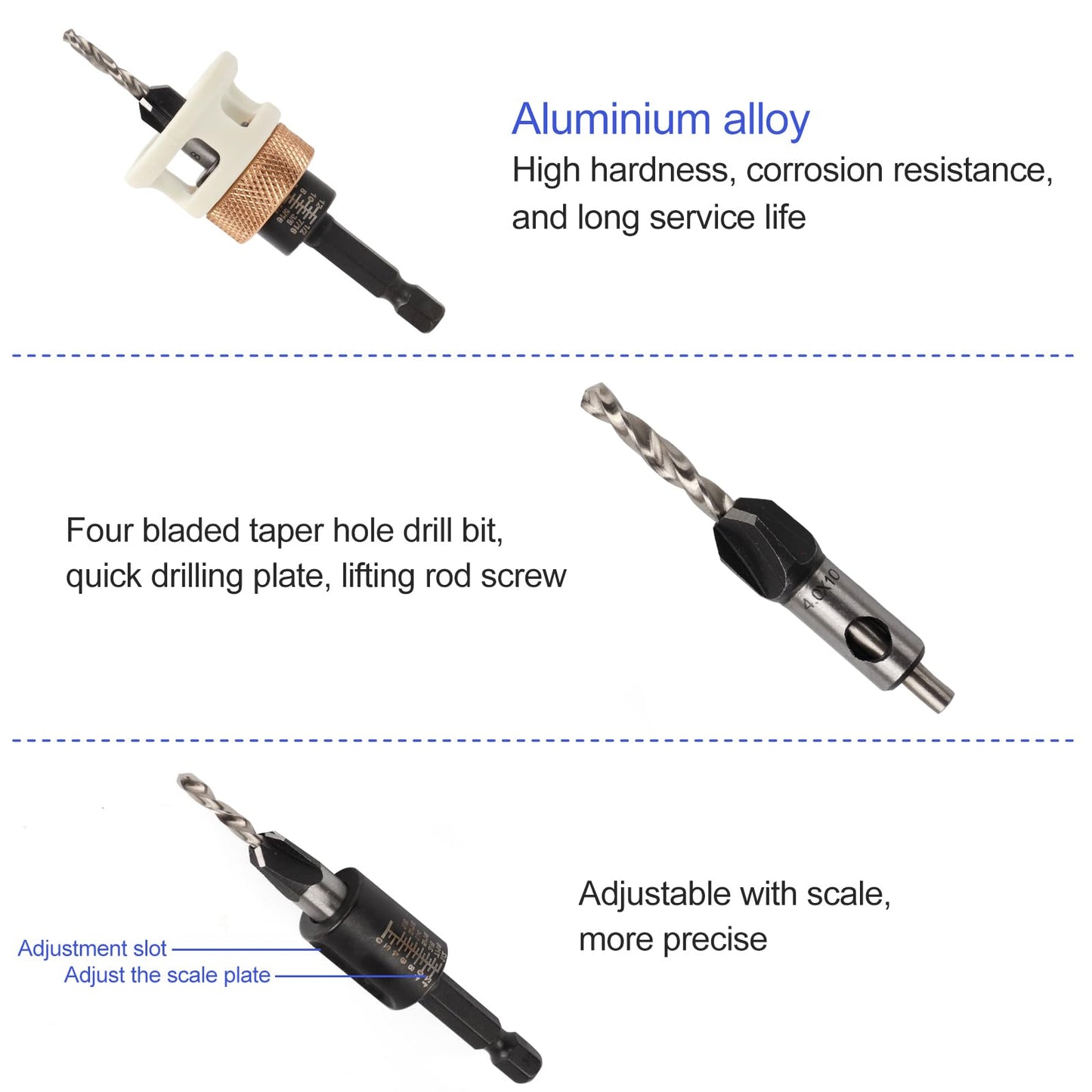 4PCS Countersink Drill Bit Set, Woodworking Countersink Drill Bit with Adjustable Depth Stop and Allen Wrenches, Quick Change Hex Shank Drill Bits Woodworking Tools 82-Degree Chamfer (A)