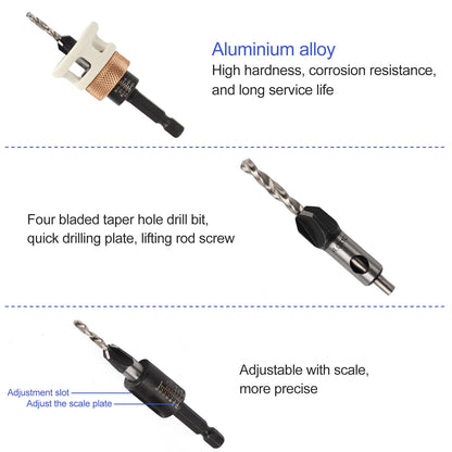 4PCS Countersink Drill Bit Set, Woodworking Countersink Drill Bit with Adjustable Depth Stop and Allen Wrenches, Quick Change Hex Shank Drill Bits Woodworking Tools 82-Degree Chamfer (A)