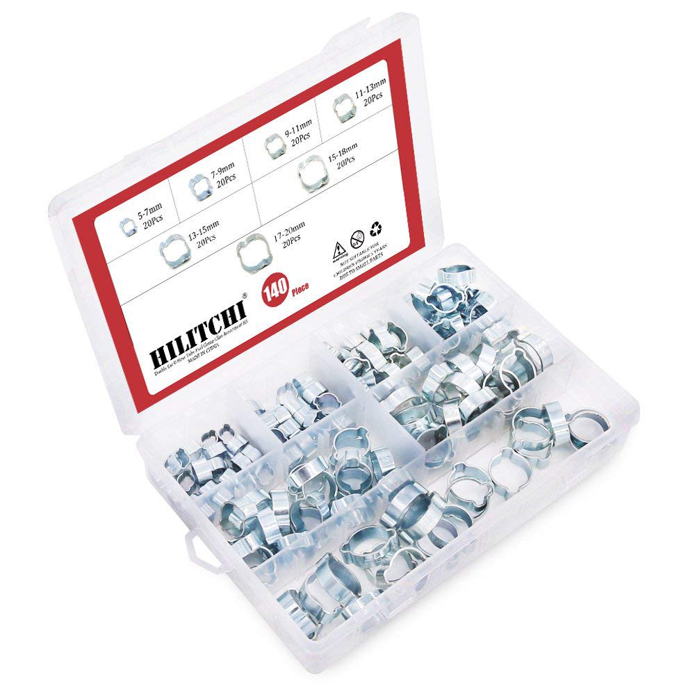 Hilitchi 7 Sizes 140Pcs Zinc Plated Double Ear Hose Clamps O Clips Pipe Hose Tube Fuel Clamps Fasteners Clips Assortment Kit