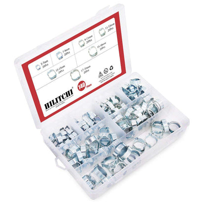 Hilitchi 7 Sizes 140Pcs Zinc Plated Double Ear Hose Clamps O Clips Pipe Hose Tube Fuel Clamps Fasteners Clips Assortment Kit