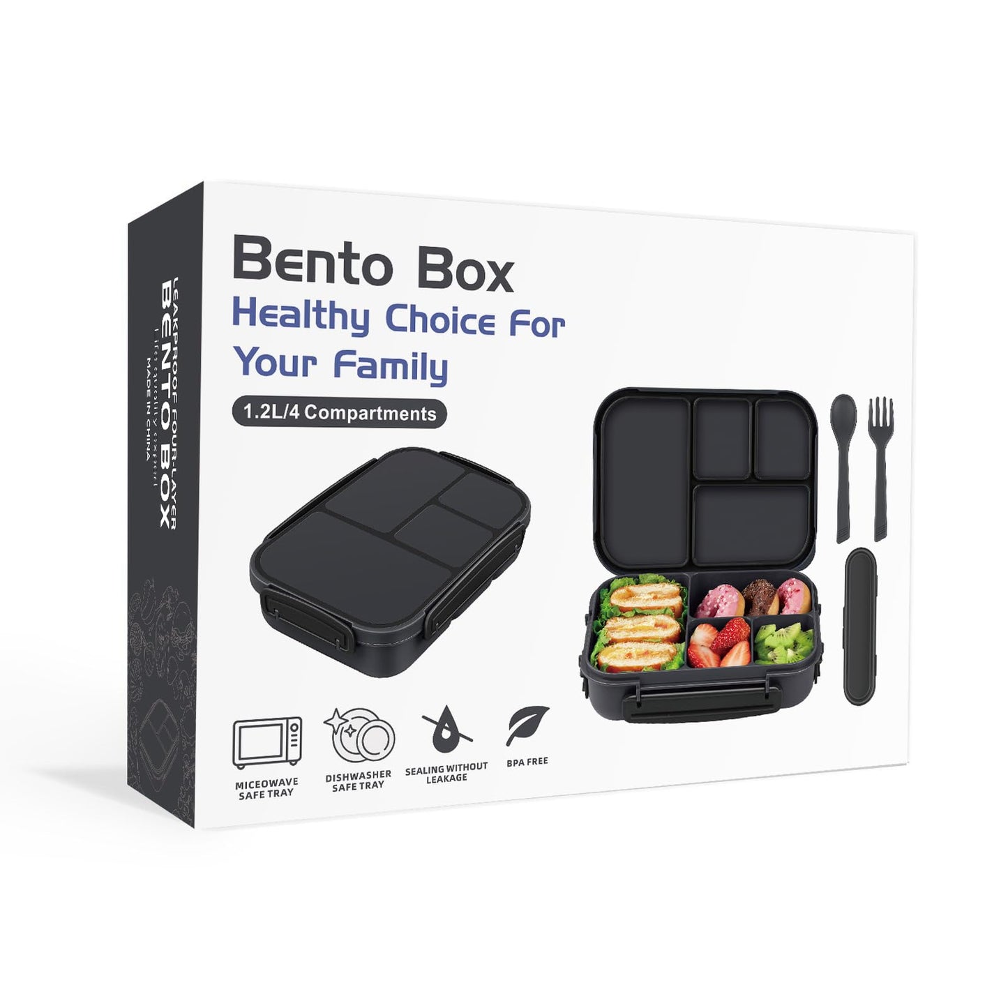 Amathley Lunch Box Kids,Bento Box Adult Lunch Box,Leakproof Lunch Containers for Adults/Kids/Toddler,1200ML-4 Compartments bento Lunch box with Utensil,Microwave & Dishwasher Safe(Dark Gray)